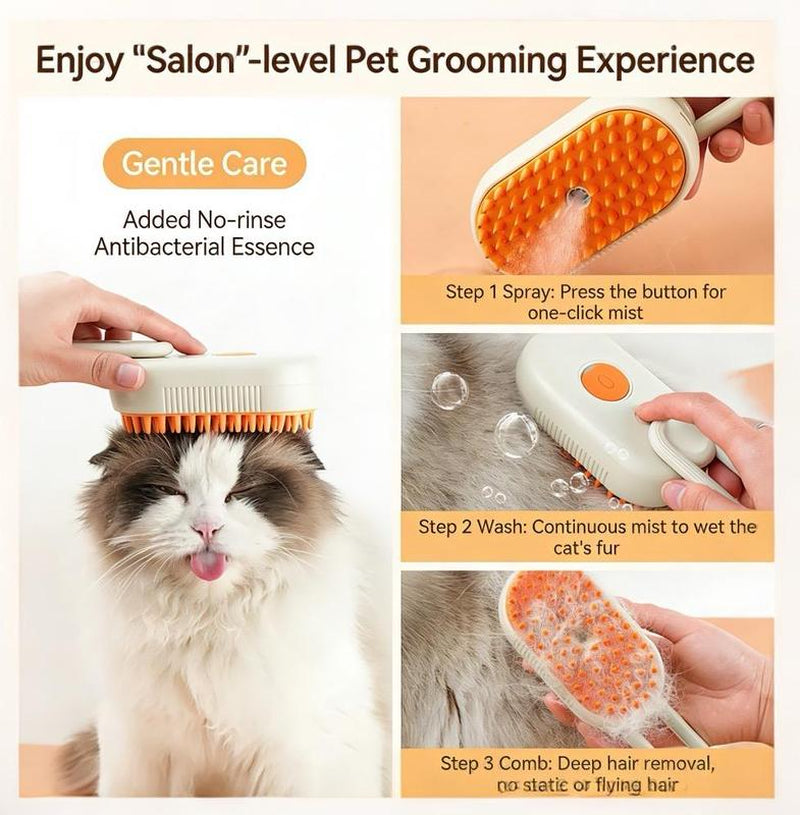 4-in-1 Pet Steam Grooming Brush,Rechargeable Cat Brushes for Indoor Cats,Quiet Detangling Brush for Long Haired Cats and Dogs(Cream Color)